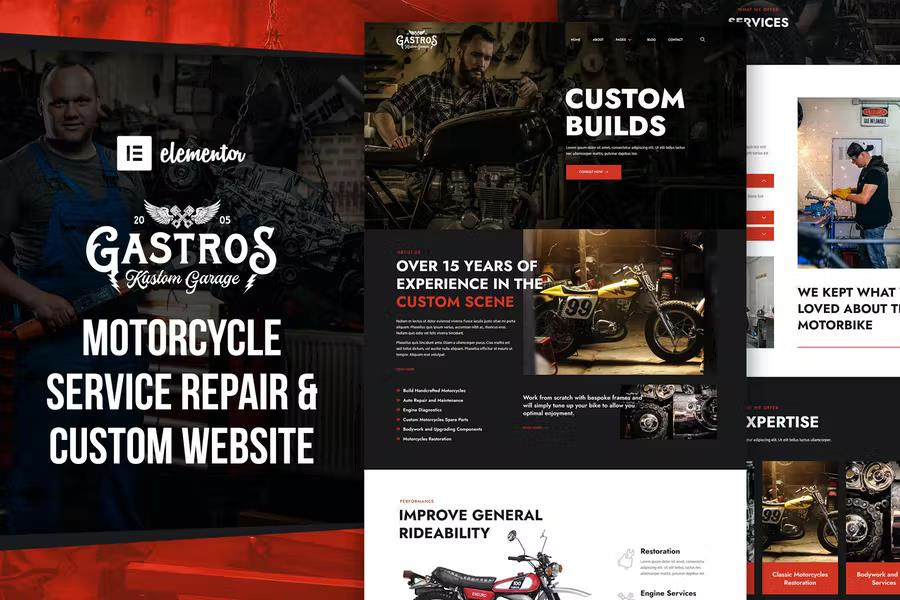 GASTROS GARAGE – MOTORCYCLE SERVICE REPAIR ELEMENTOR TEMPLATE KIT